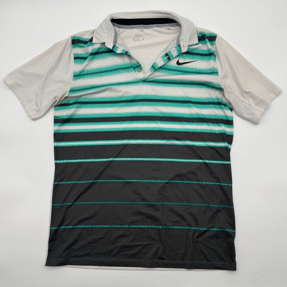 Nike Golf Dri-FIT Standard Fit Polo Shirt Mens Medium Teal Grey Black Striped